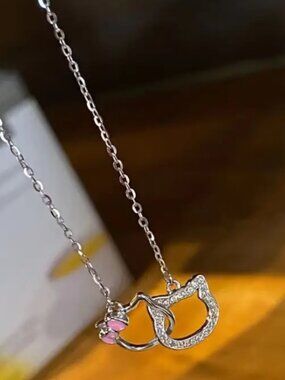Hello Kitty Rhinestone Pendant Necklace Sparkling Silver & Pink Charms